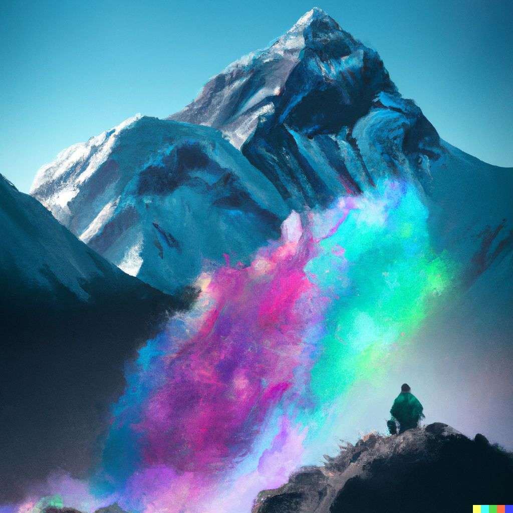 someone gazing at Mount Everest, made from a burst of colored powder, digital art